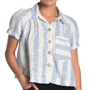We The Free Top Away at Sea Striped Linen Blue White Cropped Button Swing Shirt